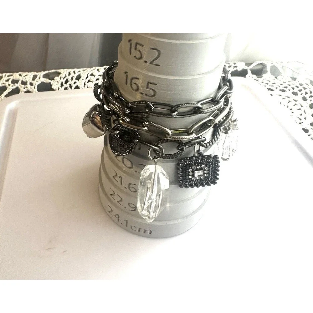 Gunmetal Multi Strand Charm Bracelet Crystal Rhinestone Chunky Statement 7